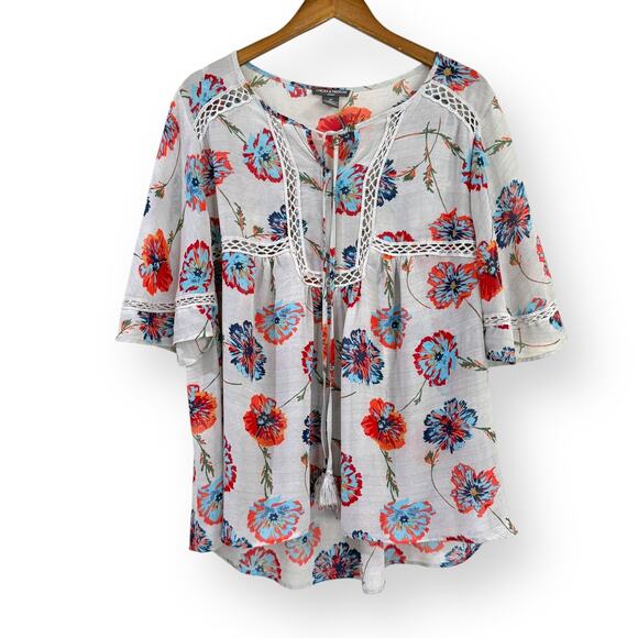 Chelsea & Theodore Woman 2X Gray Chiffon Floral Peasant Blouse Top Crochet Boho - Picture 1 of 8